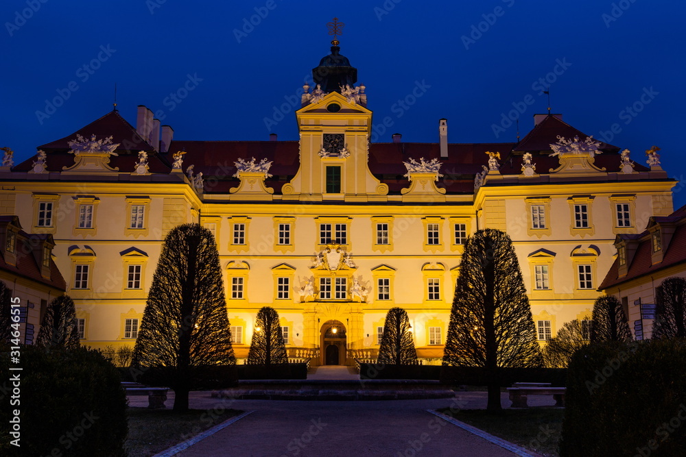 Beautiful castle in Valtice at night, South Moravia, popular travel destination in Czech Republic.