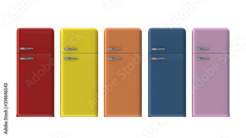 Colored refrigerators set on white background. 3D Rendering