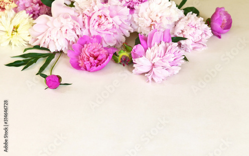 Beautiful delicate festive bouquet of pink peonies on a light background. Congratulatory form, postcard, message, place for text. Spring floral background, close-up view, flat lay, copy space