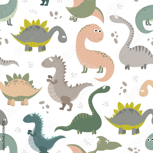 Seamless pattern with cartoon dinosaurs. Childish Dino vector illustration. 