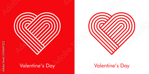 Día de san Valentín. Nudo entrelazado en forma de corazón. Icono plano lineal en fondo rojo y fondo blanco
