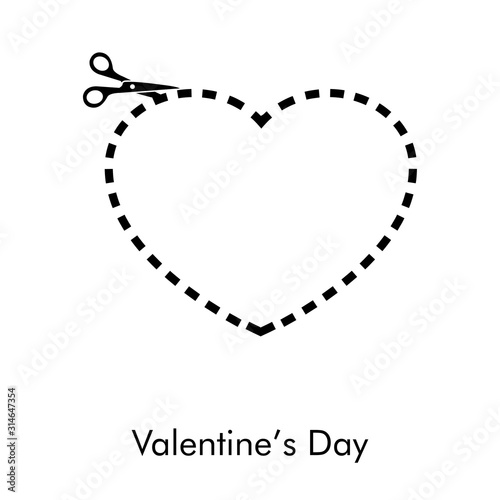 Día de san Valentín. Corazón recortable con tijera y línea punteada. Icono plano en color negro