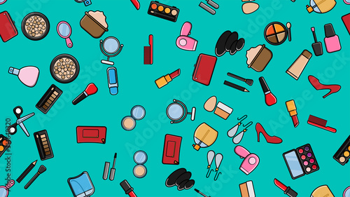Endless seamless pattern of beautiful beauty items of female glamorous fashionable powders, lipsticks, varnishes, creams, cosmetics on a blue background. Vector illustration