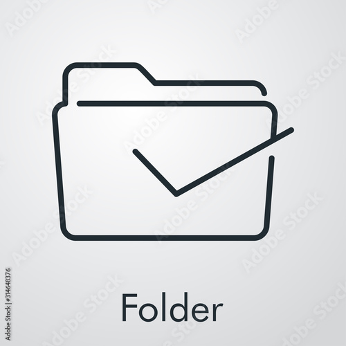 Expediente seleccionado. Icono plano lineal carpeta con tilde en fondo gris