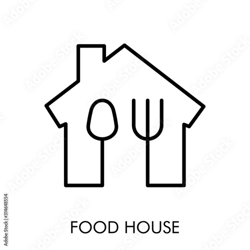 Logotipo restaurante. Icono plano lineal casa con tenedor y cuchara en color negro