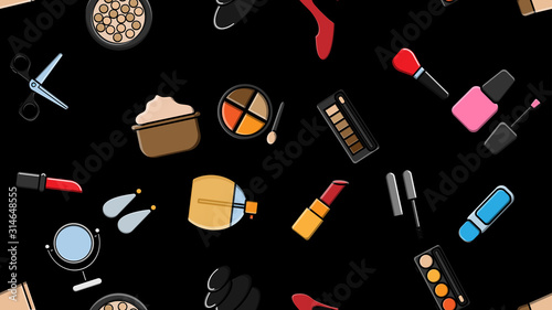 Endless seamless pattern of beautiful beauty items of female glamorous fashionable powders, lipsticks, varnishes, creams, cosmetics on a black background. Vector illustration