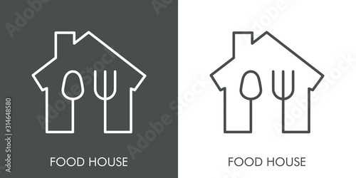 Logotipo restaurante. Icono plano lineal casa con tenedor y cuchara en fondo gris y fondo blanco