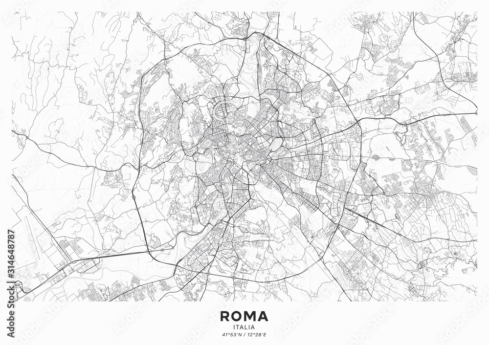Naklejka premium Rome city map poster. Detailed map of Rome (Italy). Transport system of the city. Includes properly grouped map features (water objects, railroads, roads etc).