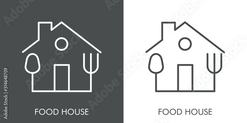 Logotipo restaurante. Icono plano lineal casa con tenedor y cuchara en fondo gris y fondo blanco