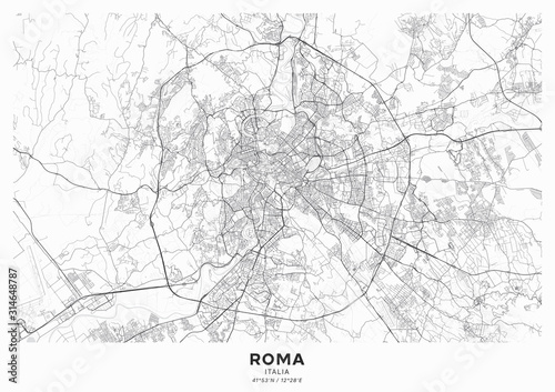 Rome city map poster. Detailed map of Rome (Italy). Transport system of the city. Includes properly grouped map features (water objects, railroads, roads etc).