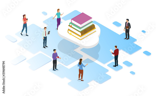 cloud library digital with books stack and people read book with isometric modern style
