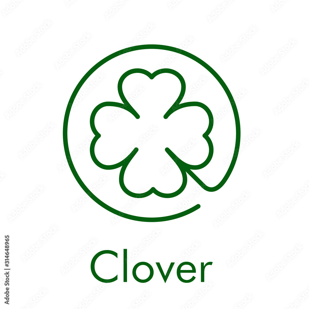 Fototapeta premium Logotipo abstracto con texto Clover con trébol lineal de 4 hojas en círculo en color verde