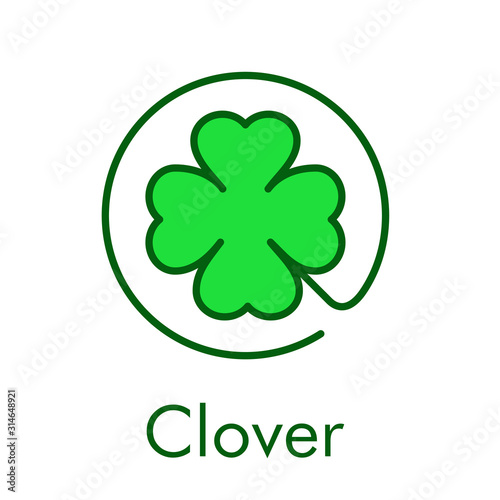 Logotipo abstracto con texto Clover con trébol lineal de 4 hojas en círculo con relleno en color verde