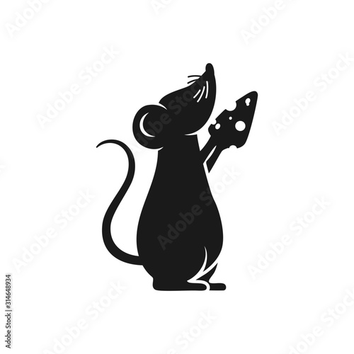black mouse holding cheese logo design inspiration, vector rat