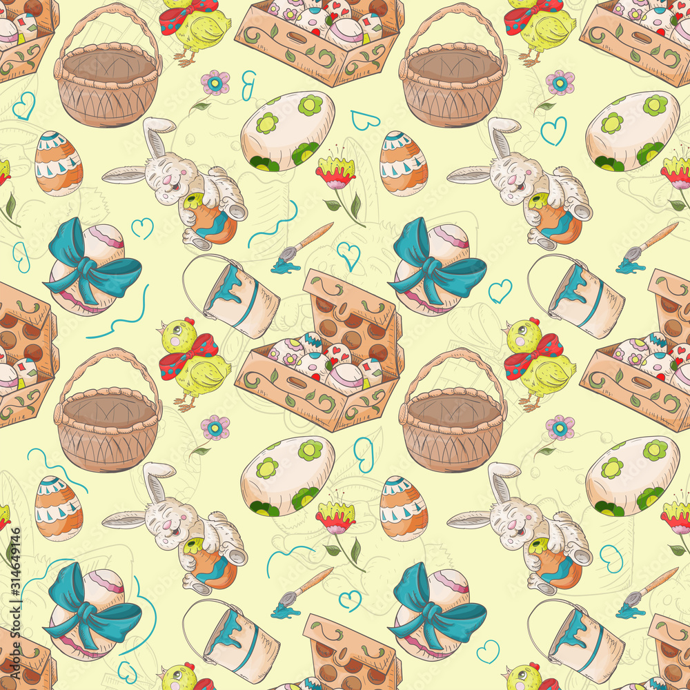 holiday Easter seamless illustration pattern contour color drawing box with eggs rabbits chickens Doodle style for decoration design background isolated
