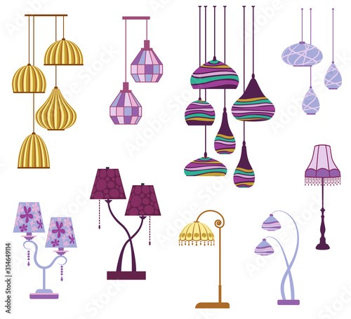 Vintage pendant and floor lamps isolated on white background. Decorative elements collection of lamps for your interior design. Vector set