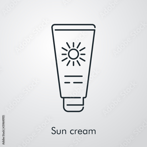 Concepto vacaciones de verano. Icono plano lineal tubo de crema solar en fondo gris