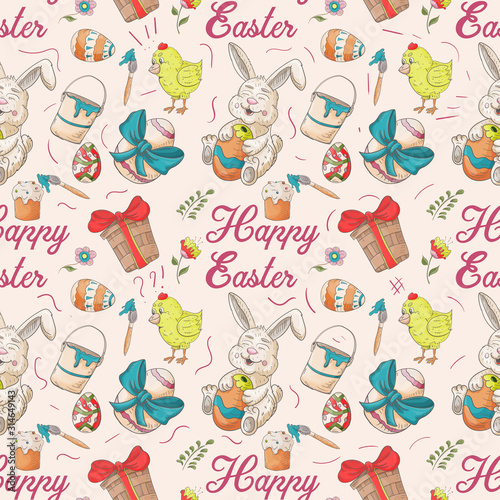 holiday Easter seamless illustration pattern contour color drawing eggs chickens rabbit style Doodle for decoration design background isolated