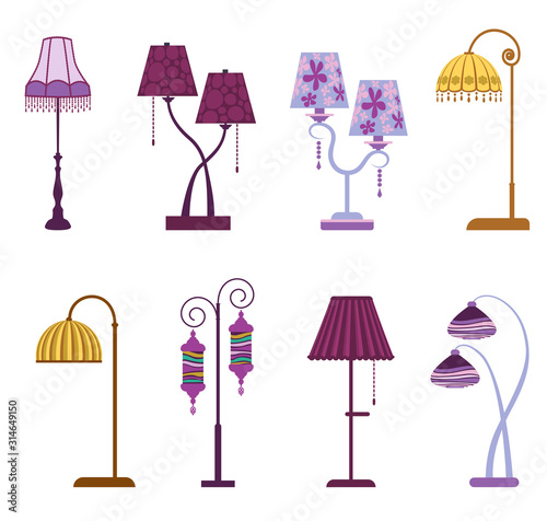 Vintage floor lamps isolated on white background. Decorative elements collection of lamp  for your interior design. Vector set