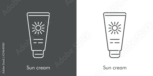 Concepto vacaciones de verano. Icono plano lineal tubo de crema solar en fondo gris y fondo blanco