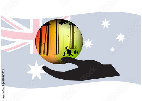 The Resilience of Nature from the Australia forest fire, Hand holding the reborn of Kangaroo and koala in cyclical life of wild with Australian flag background, Pray for australia, vector illustration