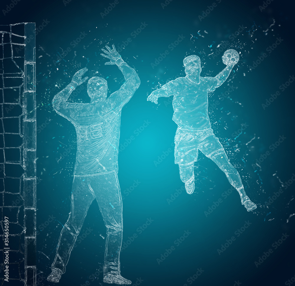 Abstract handball players in action. Handball goalkeeper vs forward. Crystal ice effect