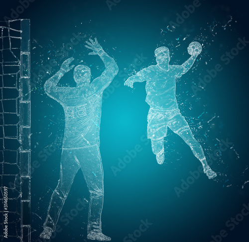 Obraz na płótnie Abstract handball players in action. Handball goalkeeper vs forward. Crystal ice effect w salonie