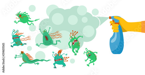 Spraying disinfectant. Hand holding and pressing down nozzle of aerosol can spraying liquid particles mist. Detergent and disinfectant. Antiseptic spray in flask. Vector illustration