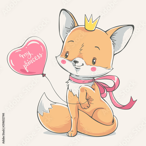 Cute red fox princess with a pink balloon vector illustration.