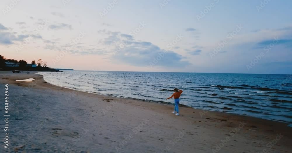 A lonely girl walks on the beach by the North sea. Gloomy sky and cold blue atmosphere. Misty Lake in vintage Scandinavian style. Ladoga in Leningrad Oblast, Russia. Aerial view of seascape. 4K flying A lonely girl walks on the beach by the North sea. Gloomy sky and cold blue atmosphere. Misty Lake in vintage Scandinavian style. Ladoga in Leningrad Oblast, Russia. Aerial view of seascape. 4K flying