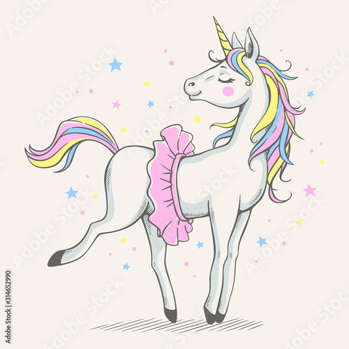 Fotografiet Vector illustration of a cute unicorn ballerina in a pink tutu.