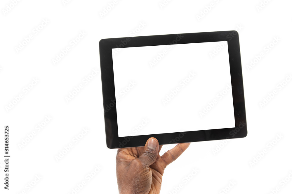 African man holding a tablet computer in one hand African man holding a tablet computer in one hand