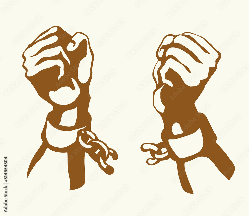 Hands tearing shackles. Vector drawing Adobe Stock