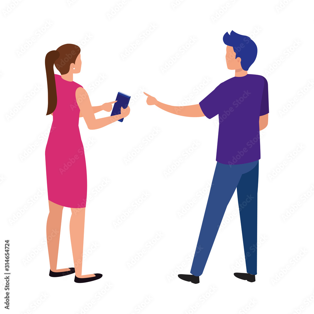 back young couple with smartphone isolated icon vector illustration design