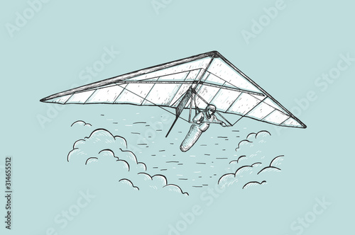 Sketch vector color illustration with hand drawn man flying on hang glider and clouds
