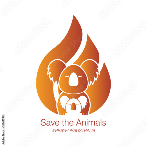 Koala with a baby on the background of fire. Emblem, logo photo