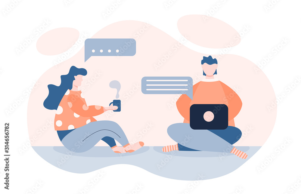 Cute couple sitting, drinking tea or coffee and talking. Dialog or conversation. Flat cartoon vector illustration.