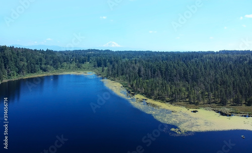 Photogenic Spring Lake on a bright clear day in summertime with trees reflecting in the water a blue sky and white clouds with lily pads dockside in Renton King County Washington State © Marc Sanchez