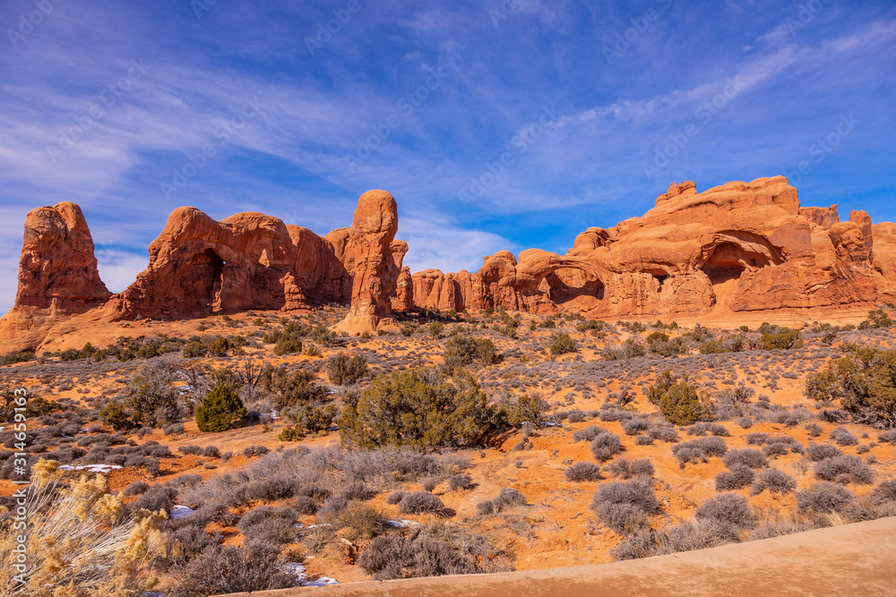 Panoramic picture of natural and geological wonders of Arches national park in Utah in winter Panoramic picture of natural and geological wonders of Arches national park in Utah in winter