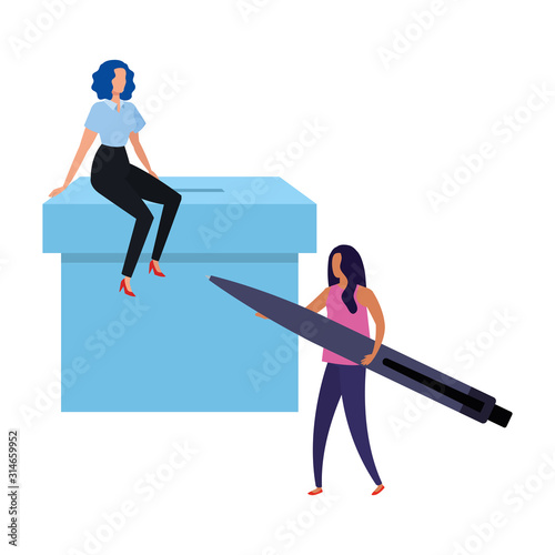 business women with ballot box and pen vector illustration design