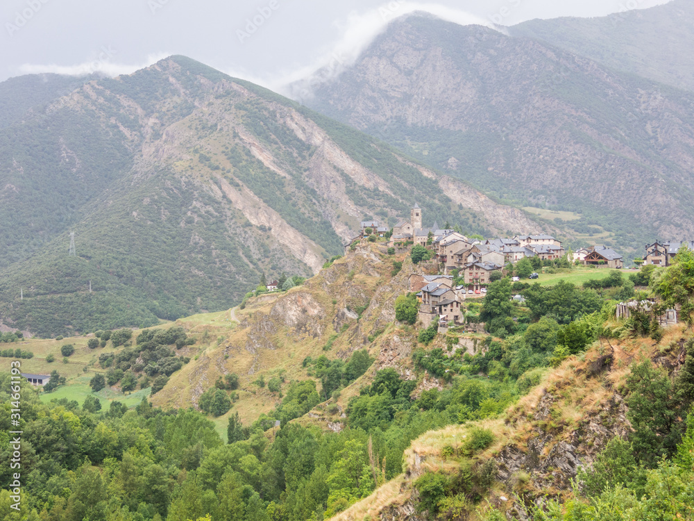 Panorama of the small medieval village of Tirvis, in the province of Pallars Sobira, in the Catalan Pyrenees. Catalonia, Spain
