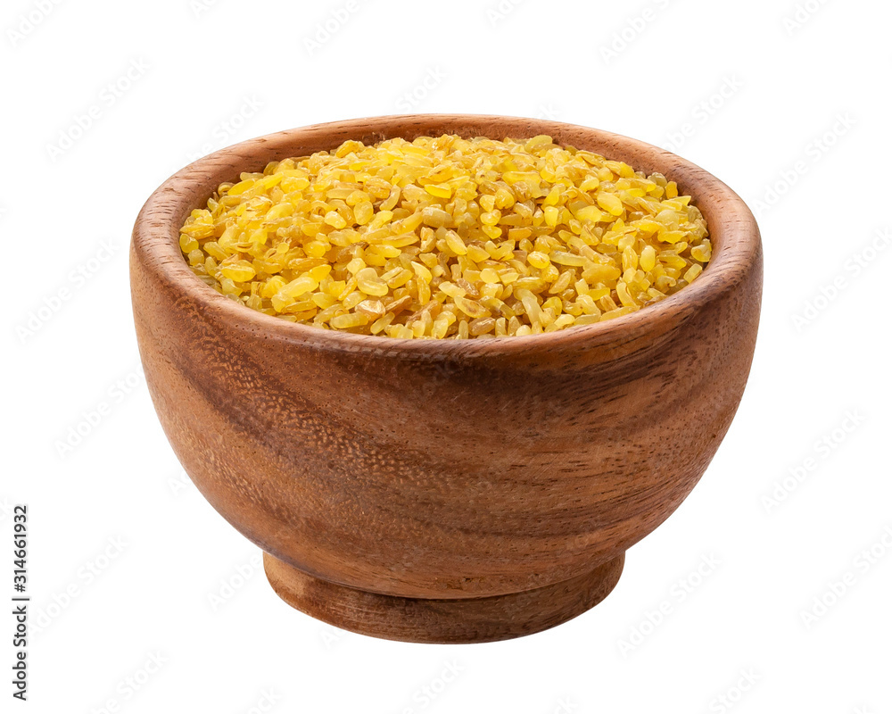 Bulgur wheat in wooden bowl isolated on white background Bulgur wheat in wooden bowl isolated on white background