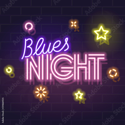 Neon blues night typography. Glowing handwritten lettering on dark background for logo or poster. Isolated vector text.