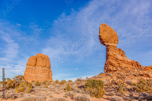 Panoramic picture of impressive sandstone formations in Arches National Park at night in winter