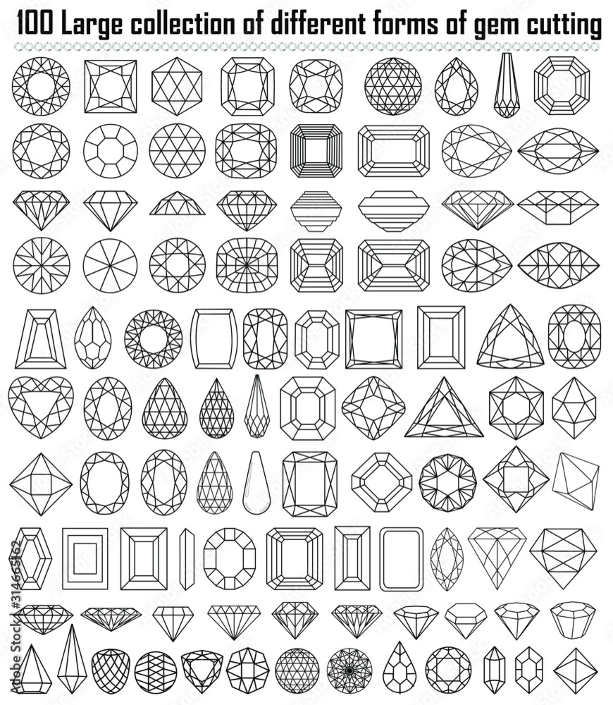 Illustration collection of different shapes and cut gemstones.