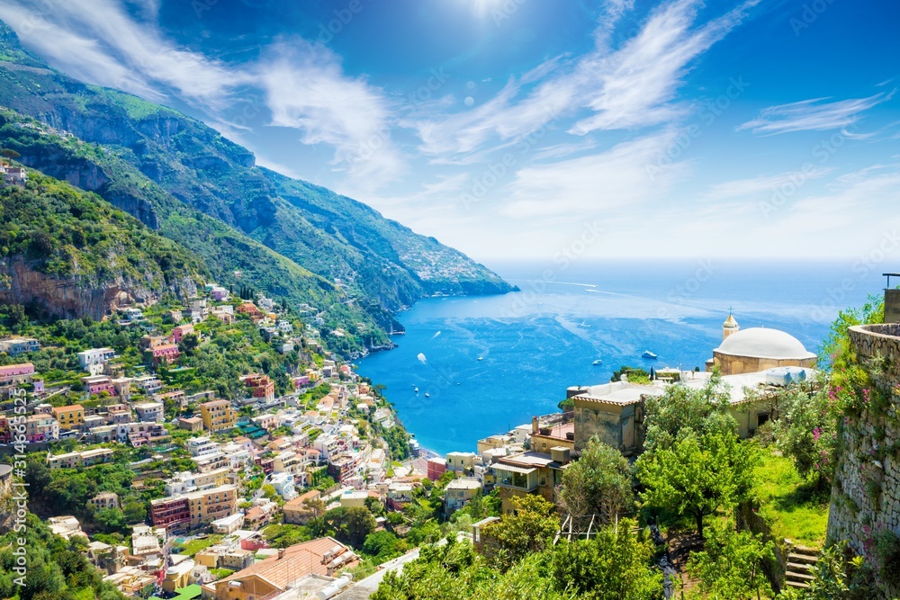 Aerial view of Positano, picturesque town with splendid coastal views on famous Amalfi Coast in Campania, Italy.