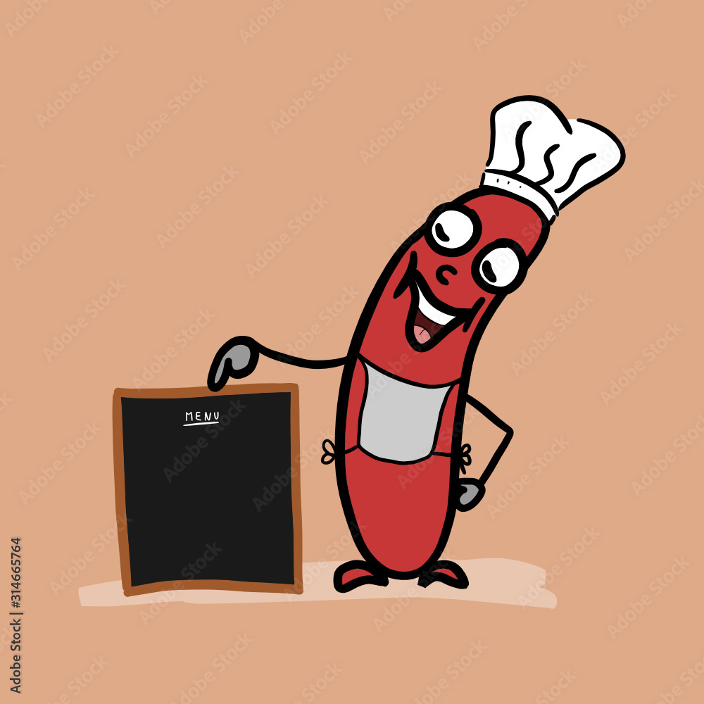 Cartoon restaurant sausage chef cook character with blank wooden menu  board. Funny doodle drawing. Isolated vector illustration. Stock Vector |  Adobe Stock