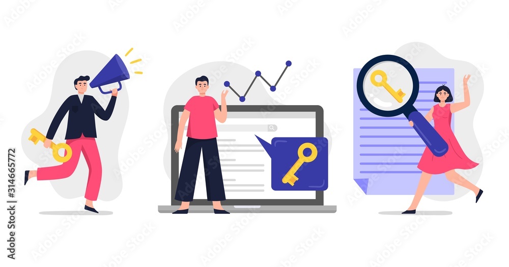 Search engine optimization vector illustration. Web developers team search for keywords to improve website page rank. Good for banners, ads, news, landing pages or other web promotion or SEO issue.