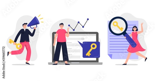Search engine optimization vector illustration. Web developers team search for keywords to improve website page rank. Good for banners, ads, news, landing pages or other web promotion or SEO issue.