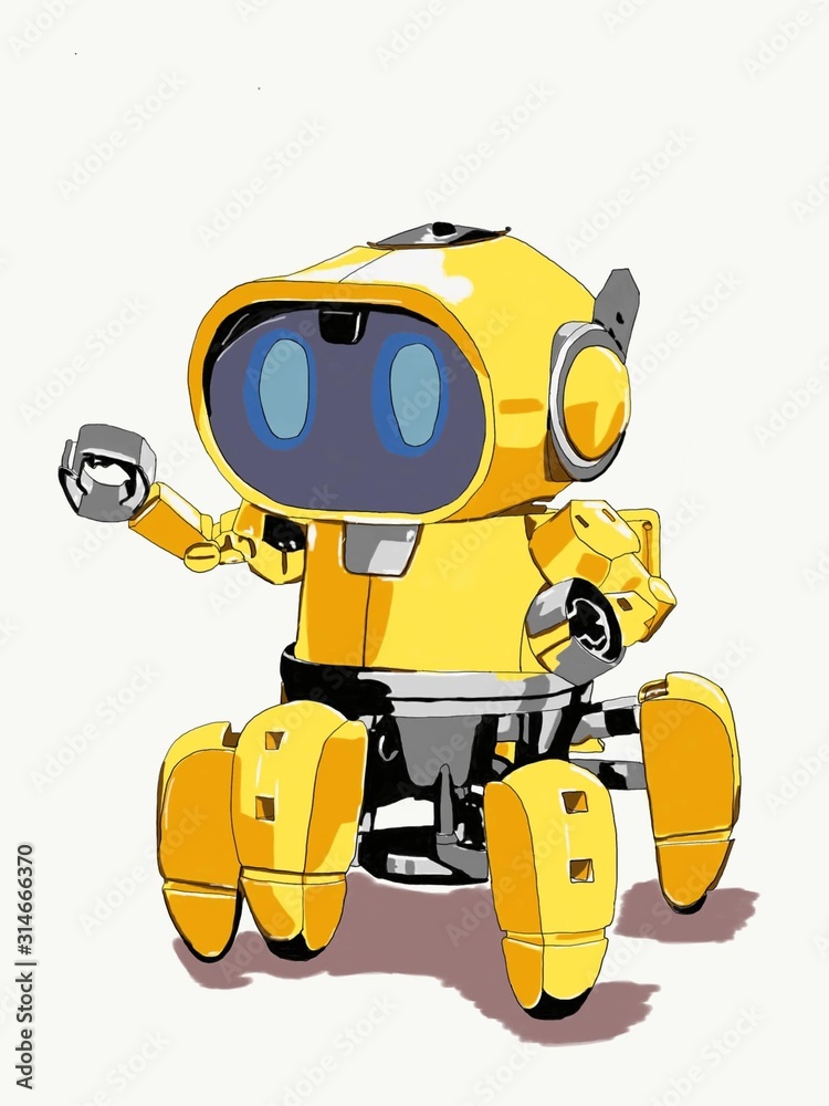 Friendly little yellow robot with an antenna on the head. Cute cartoon  little robot. Funny character. ilustración de Stock | Adobe Stock